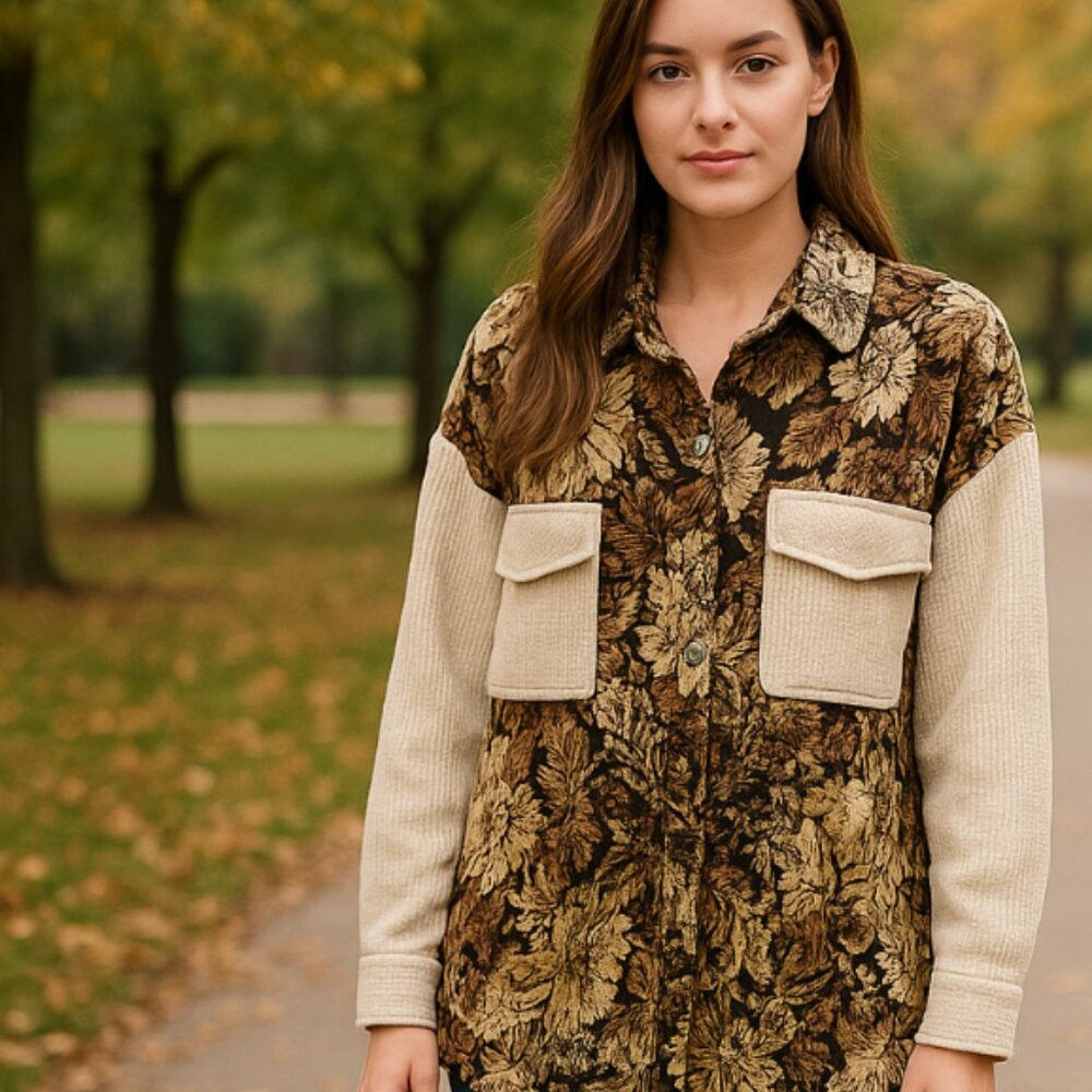 POL Floral Brown and Cream Shirt-Jacket
